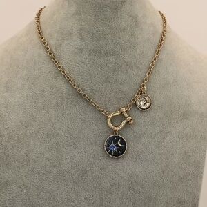 Gold and Blue Rhinestone Star Crescent Toggle Moon Pendant Necklace Bracelet Set